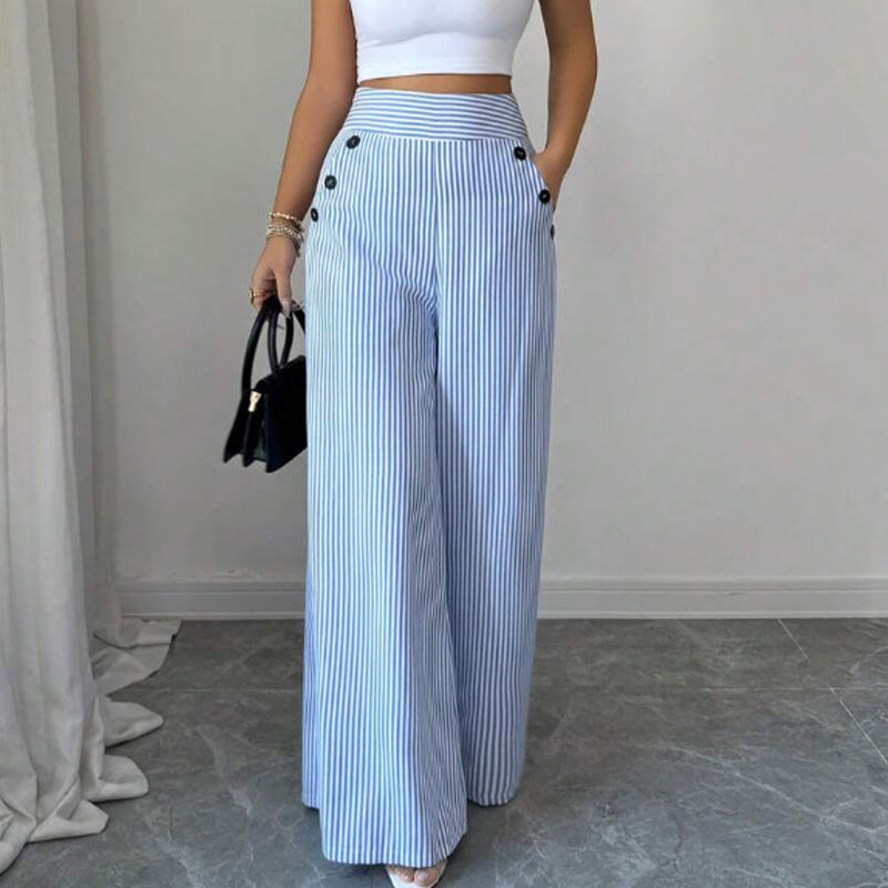 ✨Damen Leinenhose mit Blau-Weiß-Streifen 👖 Hohe Taille & Lockerer Gerader Schnitt