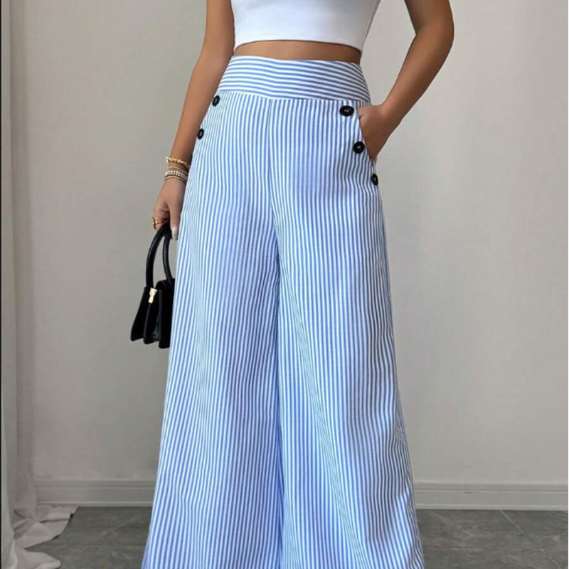 ✨Damen Leinenhose mit Blau-Weiß-Streifen 👖 Hohe Taille & Lockerer Gerader Schnitt