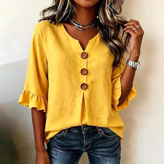 👚 Nur für kurze Zeit 50 % Rabatt! ✨ Damenbluse mit V-Ausschnitt, Rüschenärmeln und Holzknöpfen – Boho-Stil, fließend, romantisch 🍃