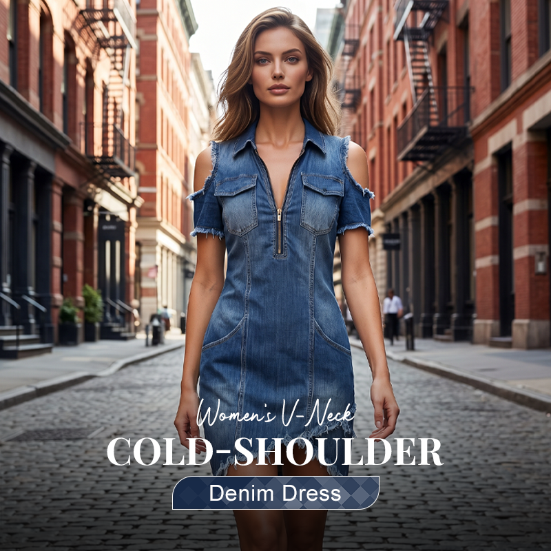 👗👖 NUR FÜR BEGRENZTE ZEIT: 50% RABATT! Damen-Jeanskleid mit freien Schultern – V-Ausschnitt, fließend, Boho-Stil 🌼