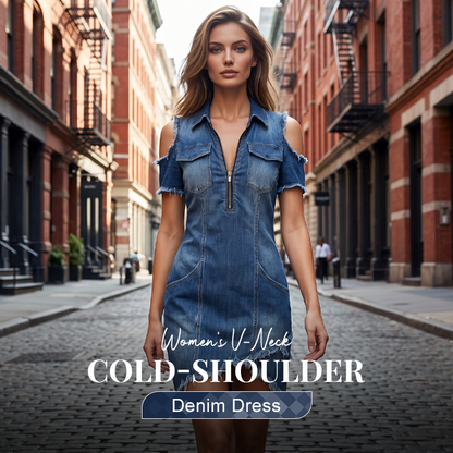 👗👖 NUR FÜR BEGRENZTE ZEIT: 50% RABATT! Damen-Jeanskleid mit freien Schultern – V-Ausschnitt, fließend, Boho-Stil 🌼