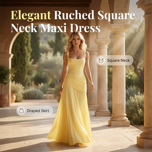 👗✨ 50% RABATT! Elegantes Maxikleid mit geraffter Taille & Square Neck – Fließendes Abendkleid in Gelb für Hochzeiten & Festivals 🌼