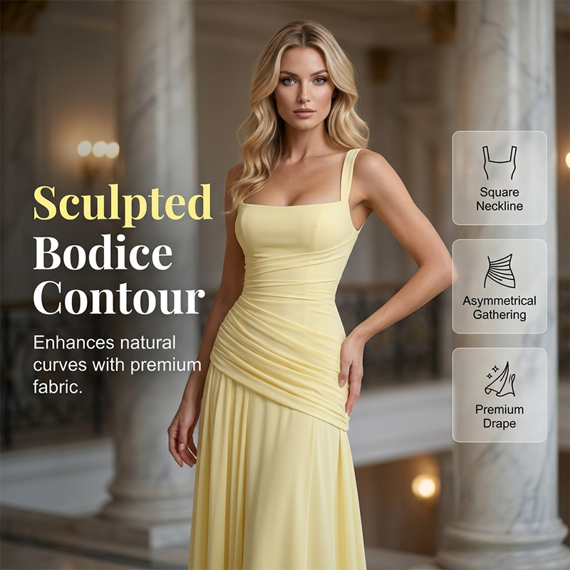 Elegantes Maxikleid mit geraffter Taille & Square Neck – Fließendes Abendkleid in Gelb für Hochzeiten & Festivals
