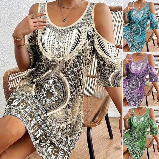👗✨ 50% RABATT! Schulterfreies Kleid mit Ethno-Druck – Lässig, luftig & perfekt für Sommer, Festival & Urlaub 🌍