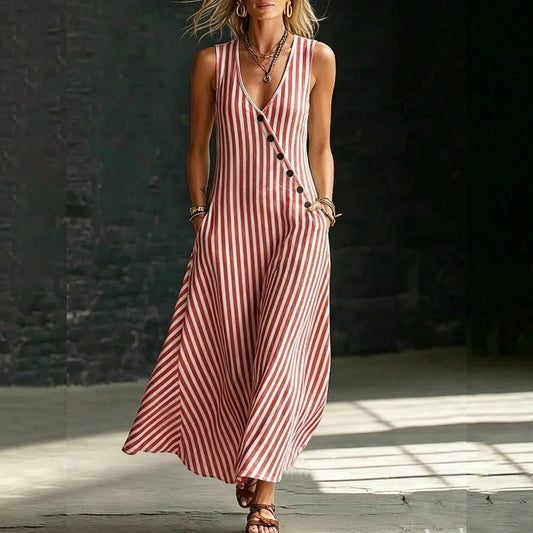 Gestreiftes Maxikleid mit V-Ausschnitt & Knopfdetail