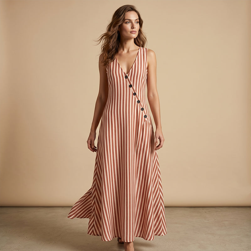 Gestreiftes Maxikleid mit V-Ausschnitt & Knopfdetail