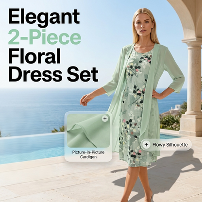 👗🌺 50% RABATT! Elegantes 2-teiliges Set aus Chiffonkleid und Strickjacke für Damen – Leicht, luftig & perfekt für festliche Anlässe & laue Sommerabende ✨
