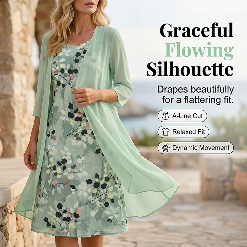 👗🌺 50% RABATT! Elegantes 2-teiliges Set aus Chiffonkleid und Strickjacke für Damen – Leicht, luftig & perfekt für festliche Anlässe & laue Sommerabende ✨