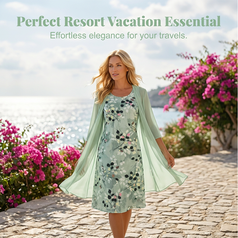👗🌺 50% RABATT! Elegantes 2-teiliges Set aus Chiffonkleid und Strickjacke für Damen – Leicht, luftig & perfekt für festliche Anlässe & laue Sommerabende ✨