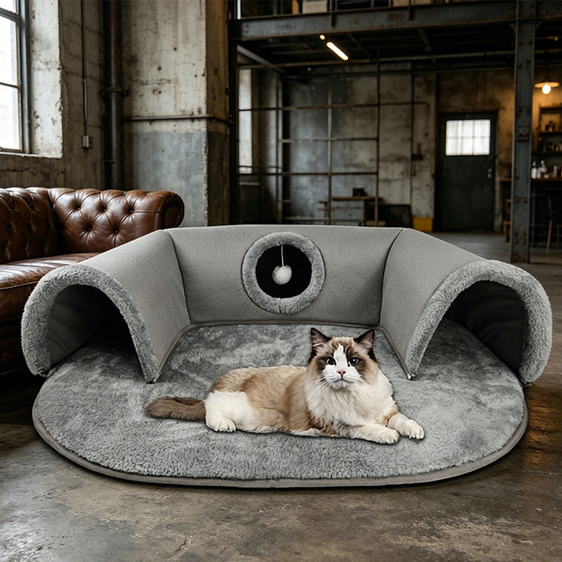 🐱🛤️ 50% RABATT! Plüsch-Katzenbett mit Tunnel – 2-in-1 Katzenhaus zum Kuscheln, Spielen & Verstecken 🏠