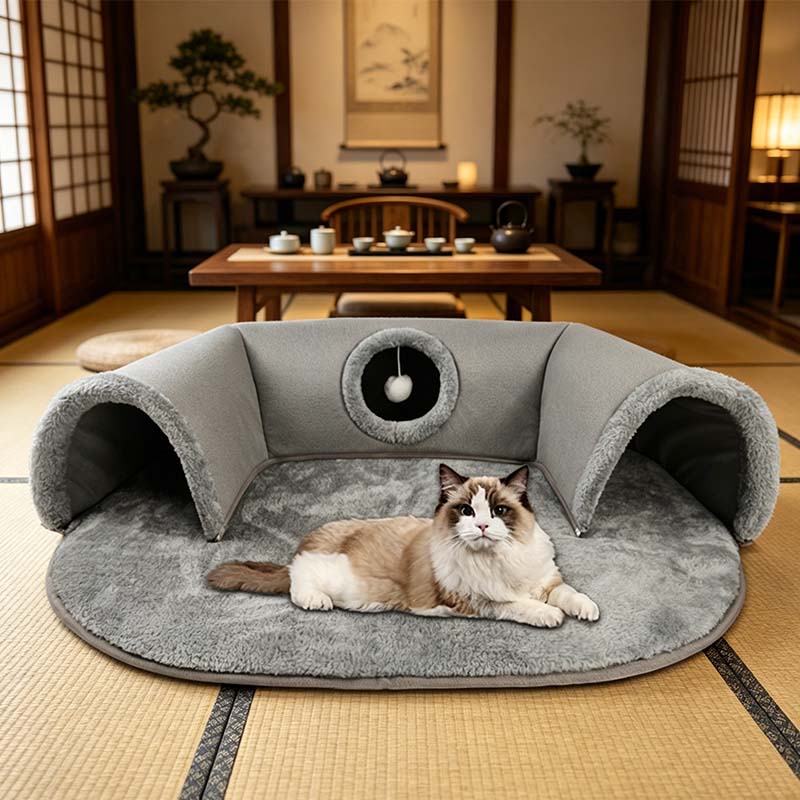 🐱🛤️ 50% RABATT! Plüsch-Katzenbett mit Tunnel – 2-in-1 Katzenhaus zum Kuscheln, Spielen & Verstecken 🏠