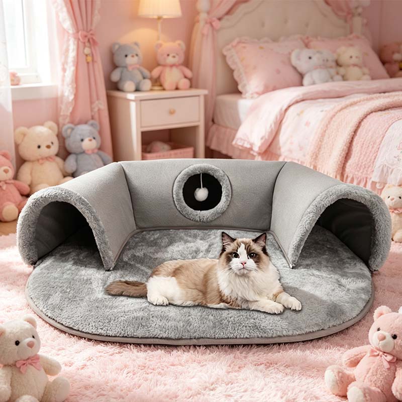 🐱🛤️ 50% RABATT! Plüsch-Katzenbett mit Tunnel – 2-in-1 Katzenhaus zum Kuscheln, Spielen & Verstecken 🏠