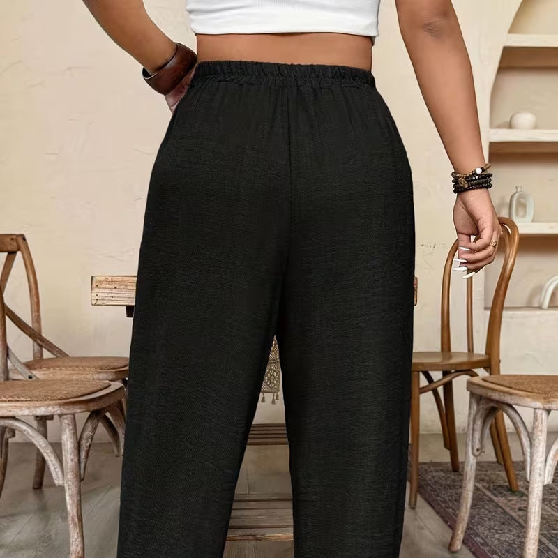 🌾 50 % RABATT LIMITIERT! 👖 Damen Leinen-Optik Freizeithose – Elastischer Taillenbund, locker geschnitten mit Taschen, super bequem für Alltag 🤍