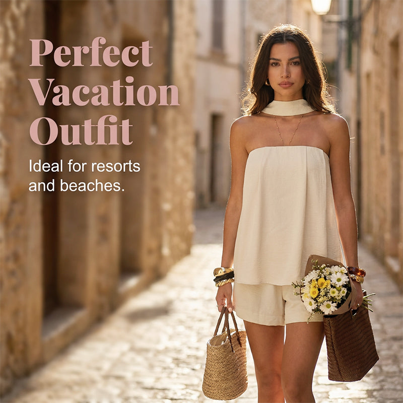 👗🌸 Damen stilvolles Set – trägerloses Oberteil & Shorts – 50% RABATT! Perfekt für warme Tage & besondere Anlässe. 🔥☀️