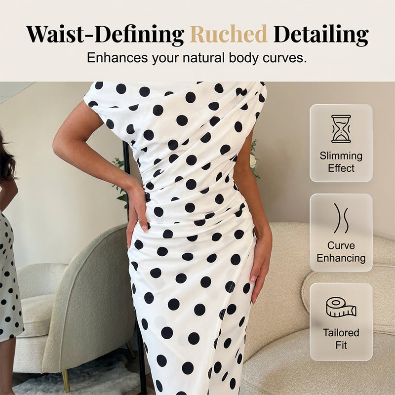 👗🎀 50% RABATT! Weiß-Schwarzes Polka-Dot Asymmetrisches Kleid – Vintage-Charme, schmeichelhafte Silhouette & perfekt für Sommer, Party & Date ✨