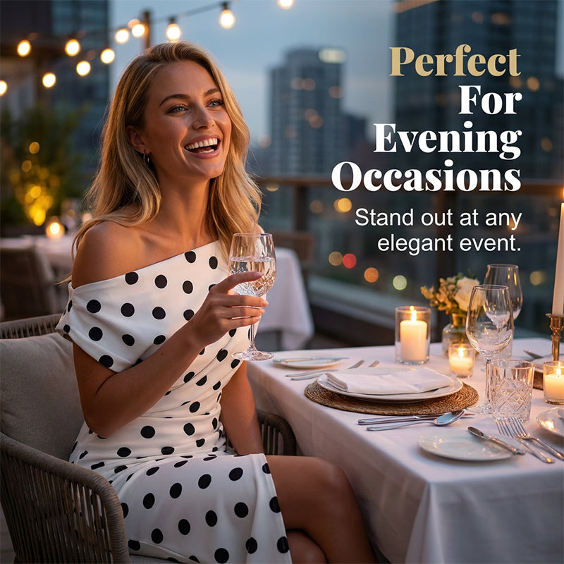 👗🎀 50% RABATT! Weiß-Schwarzes Polka-Dot Asymmetrisches Kleid – Vintage-Charme, schmeichelhafte Silhouette & perfekt für Sommer, Party & Date ✨