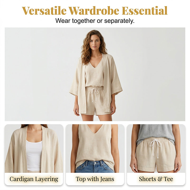 🤍 3-teiliges Freizeit-Set für Damen ✨ Loungewear mit Tunika, Top & Shorts – luftiges Homewear für Urlaub & Alltag