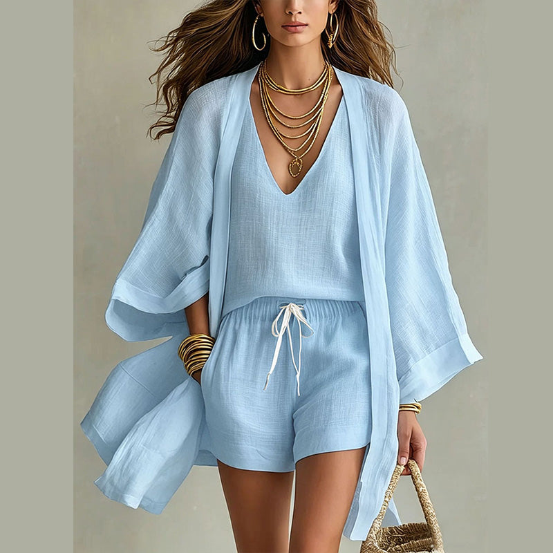 🤍 3-teiliges Freizeit-Set für Damen ✨ Loungewear mit Tunika, Top & Shorts – luftiges Homewear für Urlaub & Alltag