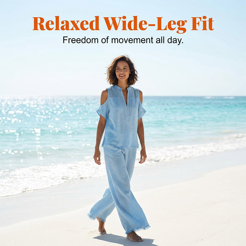 👗✨ 50% RABATT! Zweiteiliges Damen-Outfit aus Leinenmischung mit offenen Schultern – Leicht, luftig & perfekt für Sommer, Strand & Urlaub 🌿