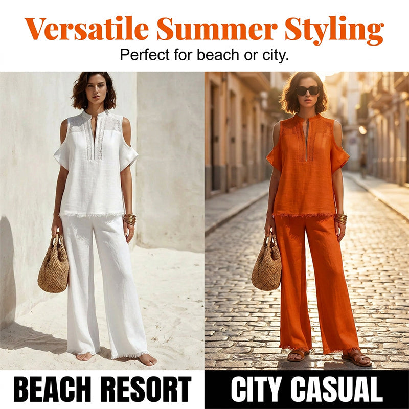 👗✨ 50% RABATT! Zweiteiliges Damen-Outfit aus Leinenmischung mit offenen Schultern – Leicht, luftig & perfekt für Sommer, Strand & Urlaub 🌿