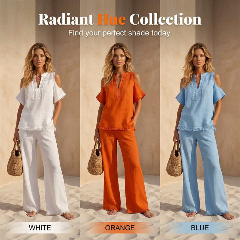 👗✨ 50% RABATT! Zweiteiliges Damen-Outfit aus Leinenmischung mit offenen Schultern – Leicht, luftig & perfekt für Sommer, Strand & Urlaub 🌿