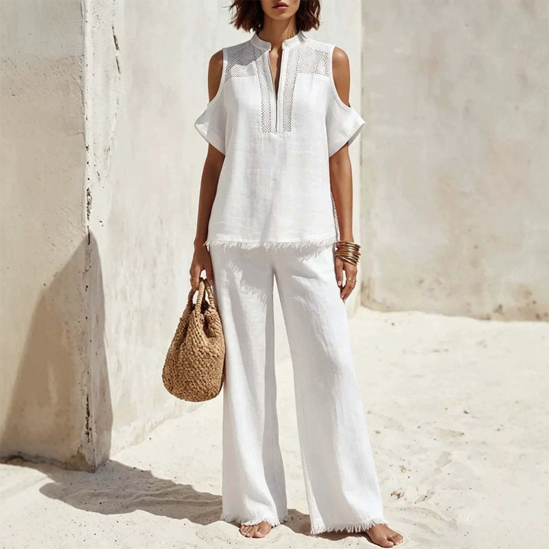 👗✨ 50% RABATT! Zweiteiliges Damen-Outfit aus Leinenmischung mit offenen Schultern – Leicht, luftig & perfekt für Sommer, Strand & Urlaub 🌿