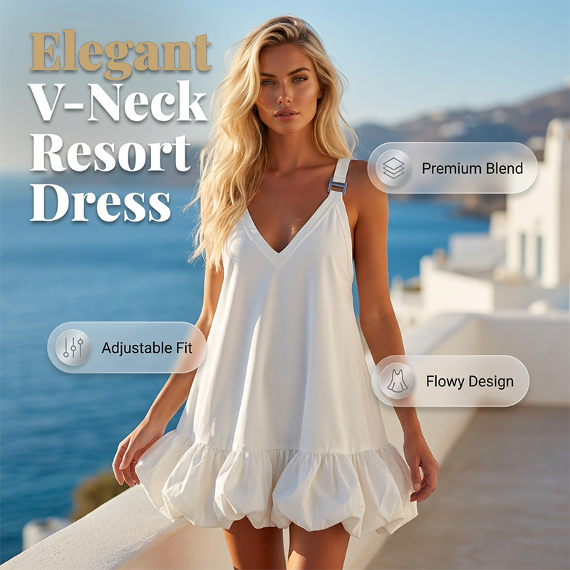 👗✨ 50% RABATT! Elegantes Trägerkleid mit V-Ausschnitt – Luftiges Resort-Kleid mit Ballonrand & verstellbaren Trägern 🌸