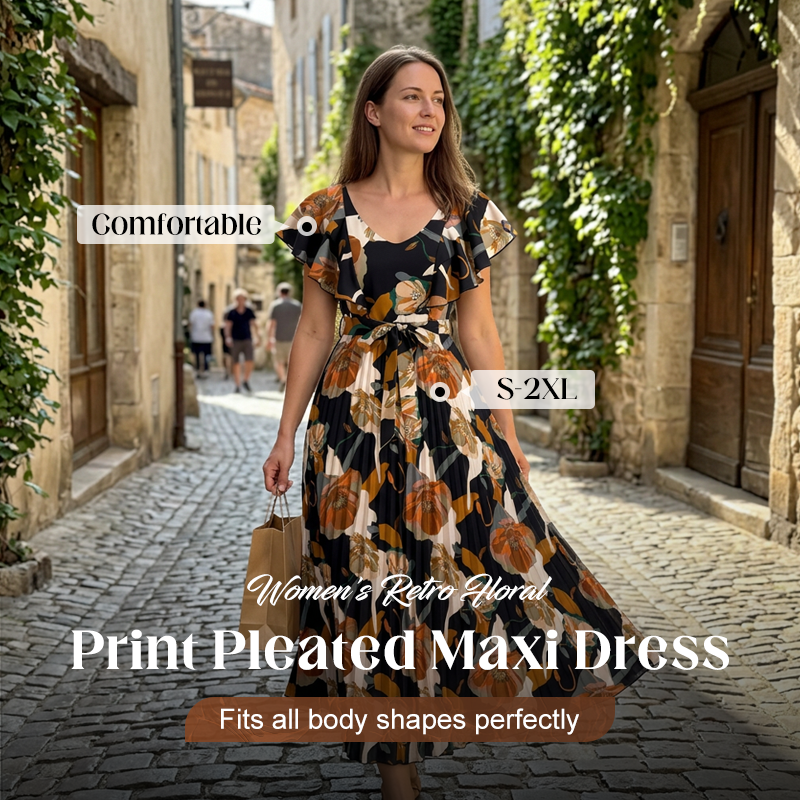 Women's Retro Floral Print Pleated Maxi Dress