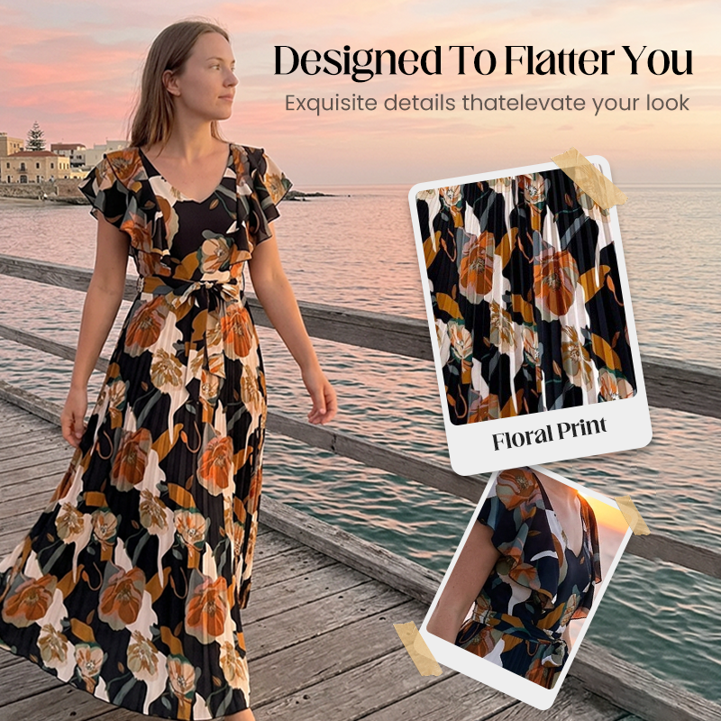 Women's Retro Floral Print Pleated Maxi Dress