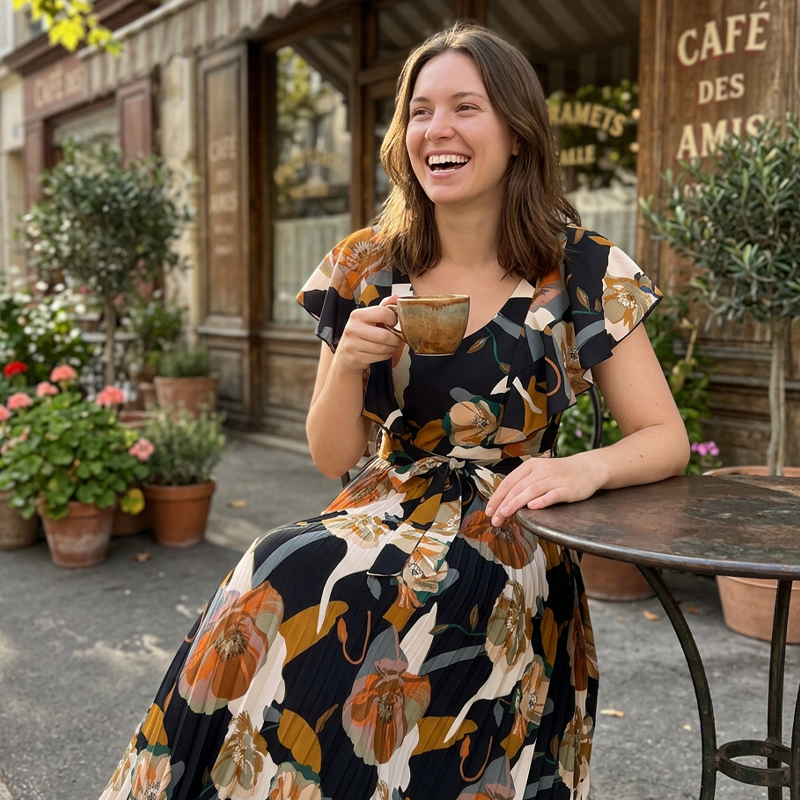 Women's Retro Floral Print Pleated Maxi Dress