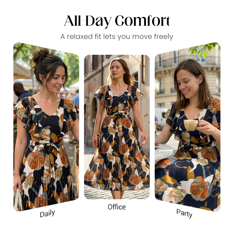 Women's Retro Floral Print Pleated Maxi Dress