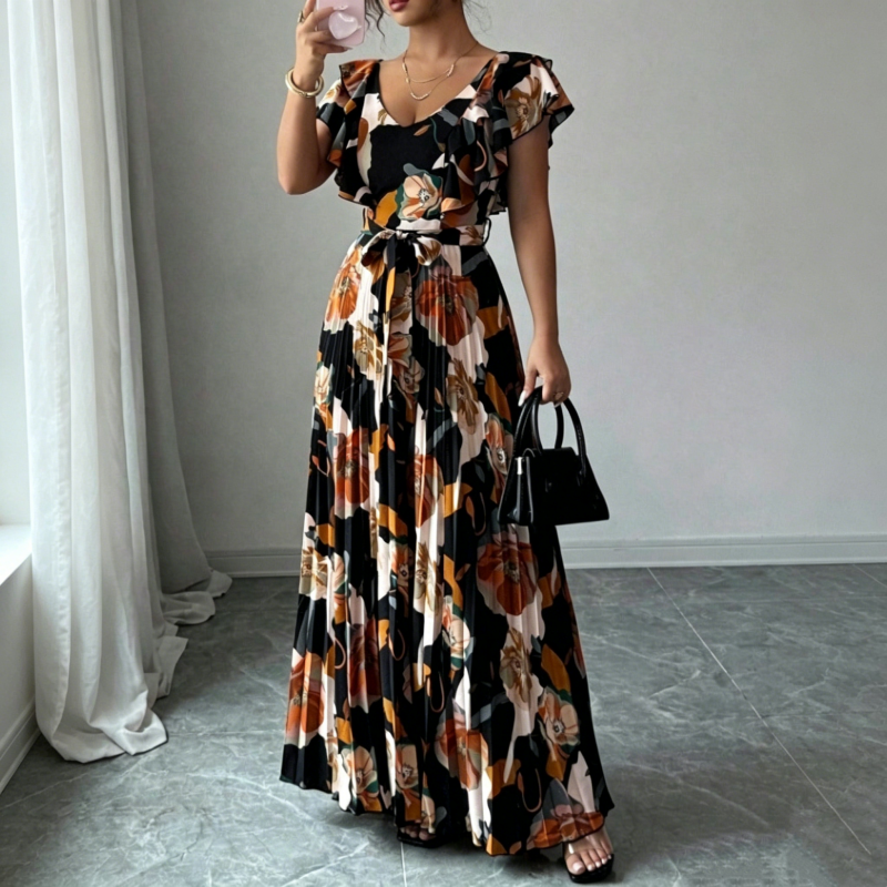 Women's Retro Floral Print Pleated Maxi Dress