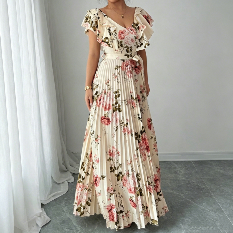 Women's Retro Floral Print Pleated Maxi Dress