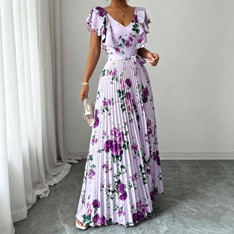 Women's Retro Floral Print Pleated Maxi Dress