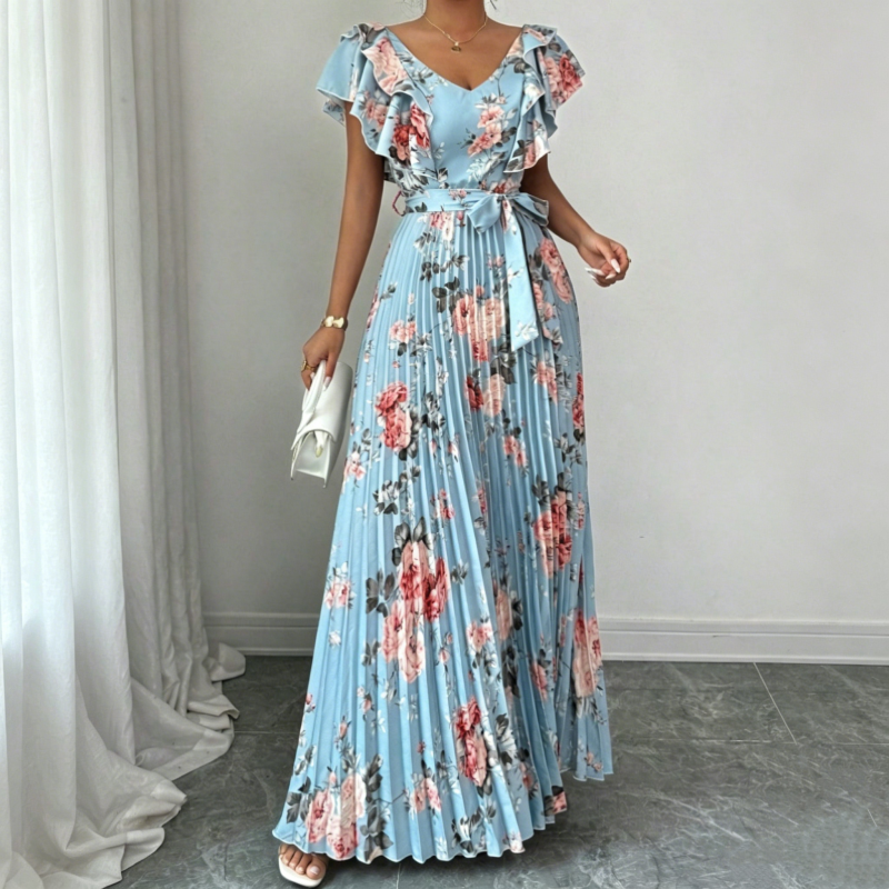 Women's Retro Floral Print Pleated Maxi Dress