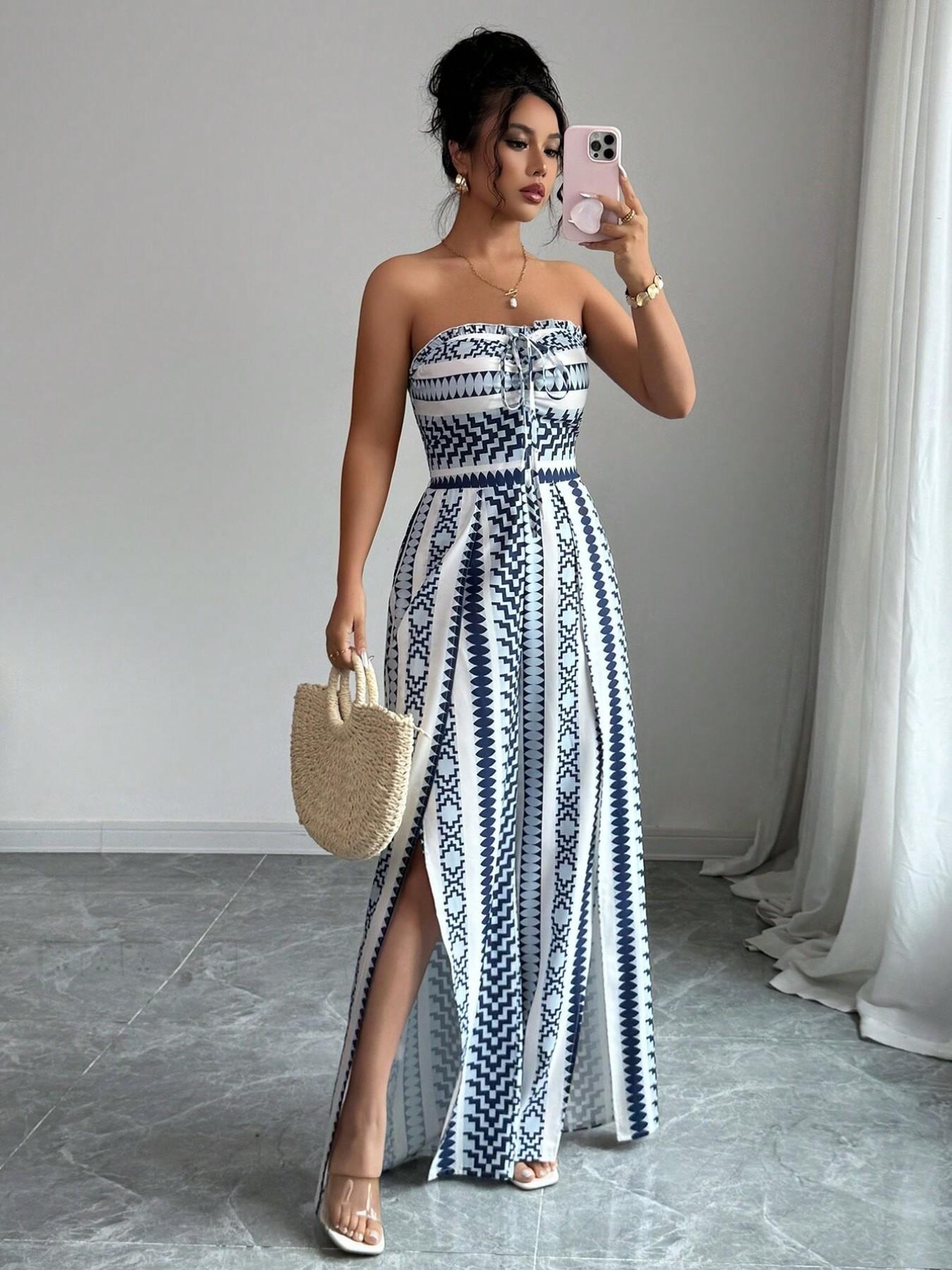 🎁💥 NEU EINGETROFFEN – 50% RABATT! Geometrischer Jumpsuit mit Neckholder-Ausschnitt und Seitenschlitz – Einzigartiger Print, elegante Passform, vielseitiger Stil ✨