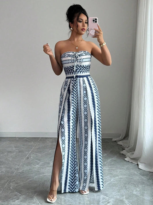 🎁💥 NEU EINGETROFFEN – 50% RABATT! Geometrischer Jumpsuit mit Neckholder-Ausschnitt und Seitenschlitz – Einzigartiger Print, elegante Passform, vielseitiger Stil ✨
