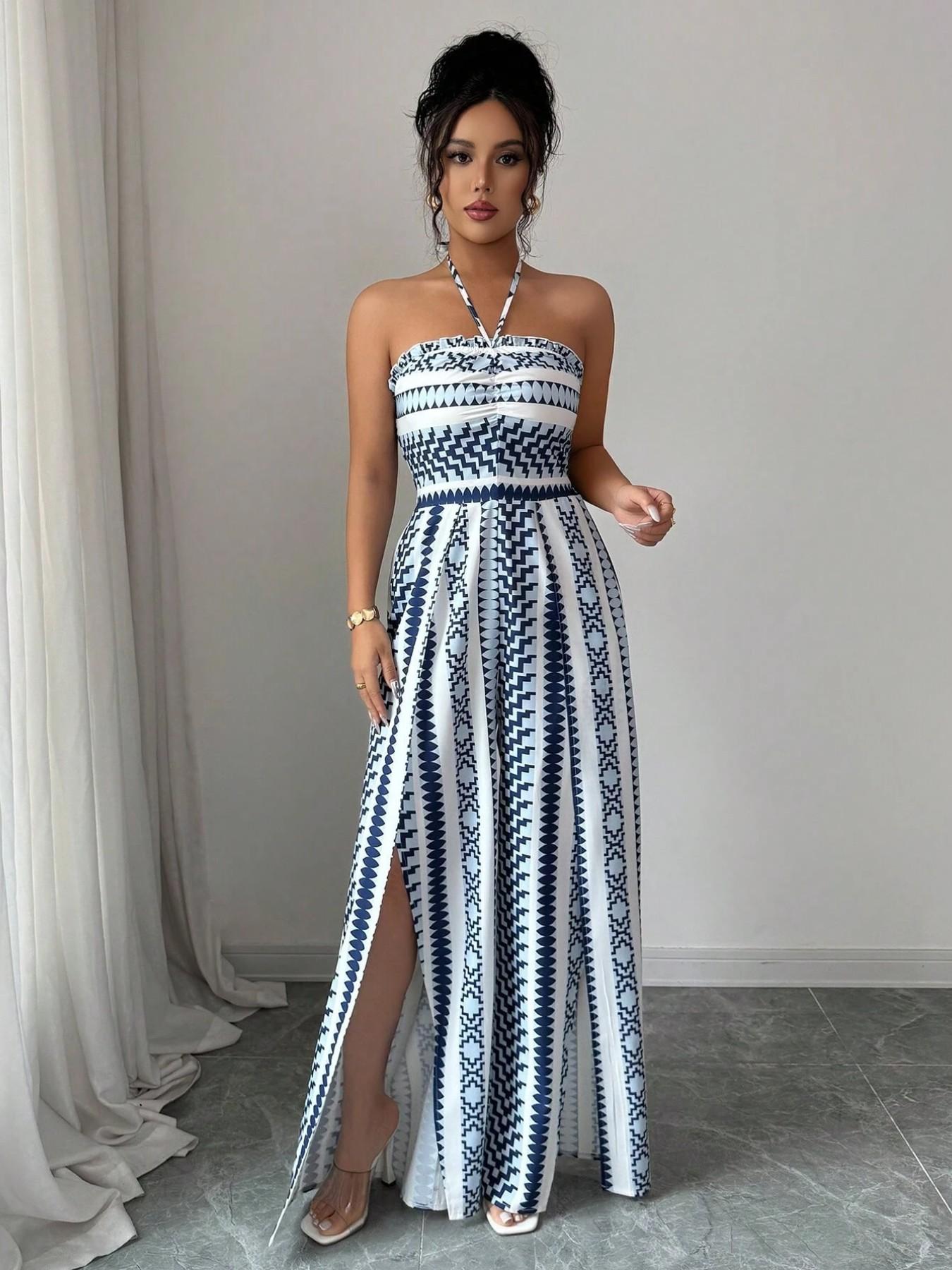🎁💥 NEU EINGETROFFEN – 50% RABATT! Geometrischer Jumpsuit mit Neckholder-Ausschnitt und Seitenschlitz – Einzigartiger Print, elegante Passform, vielseitiger Stil ✨