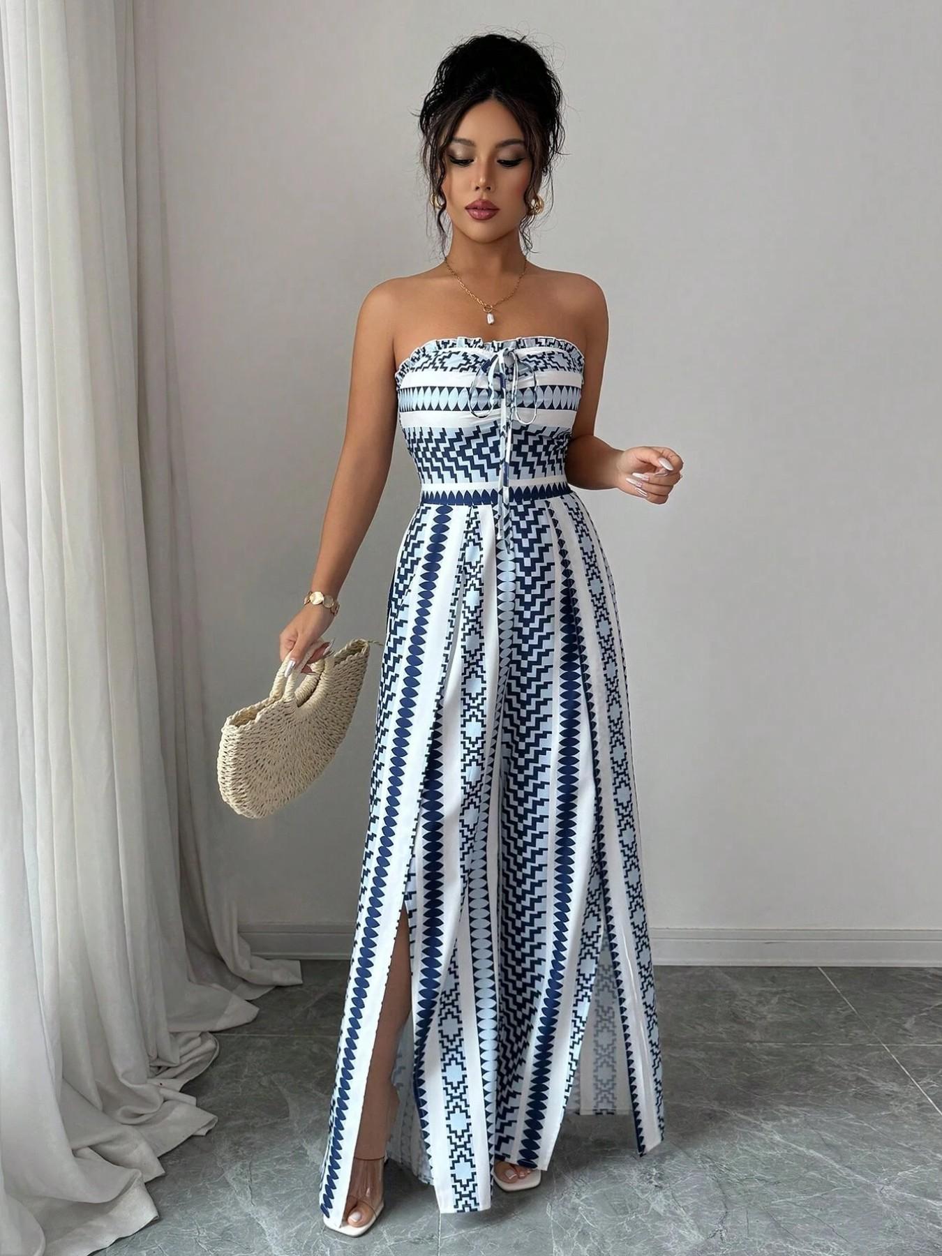🎁💥 NEU EINGETROFFEN – 50% RABATT! Geometrischer Jumpsuit mit Neckholder-Ausschnitt und Seitenschlitz – Einzigartiger Print, elegante Passform, vielseitiger Stil ✨