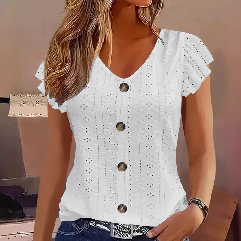 👕☀️ 50% RABATT! Damen Sommer V-Ausschnitt Lochstrick-Top – Leicht, luftig & perfekt für heiße Tage, Strand & Freizeit 🌸✨