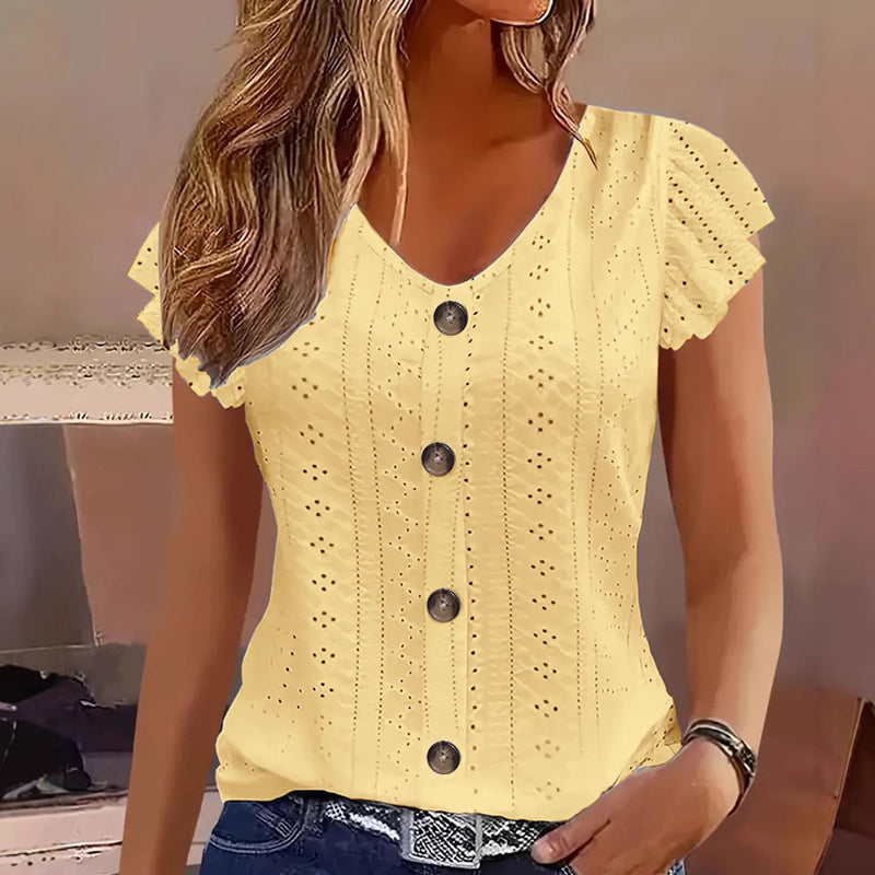 👕☀️ 50% RABATT! Damen Sommer V-Ausschnitt Lochstrick-Top – Leicht, luftig & perfekt für heiße Tage, Strand & Freizeit 🌸✨
