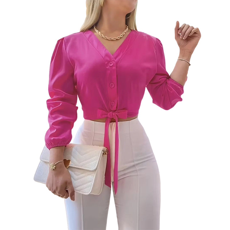 👕✨ 50% RABATT! Elegantes Damenoberteil mit V-Ausschnitt und Bindegürtel – Figurbetont, vielseitig & perfekt für Büro, Dates & besondere Anlässe 🌸