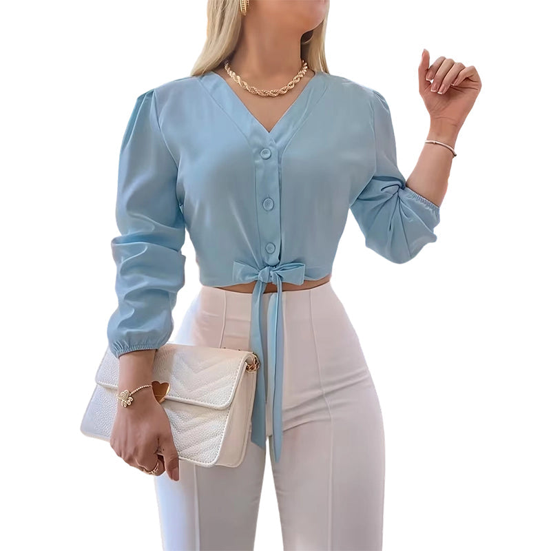 👕✨ 50% RABATT! Elegantes Damenoberteil mit V-Ausschnitt und Bindegürtel – Figurbetont, vielseitig & perfekt für Büro, Dates & besondere Anlässe 🌸