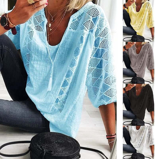 👚🌸 50% RABATT JETZT! Damen U-Ausschnitt Häkelbluse – Quasten-Kordelzug & Kurzarm – Lässig sommerlich chic 🌿✨