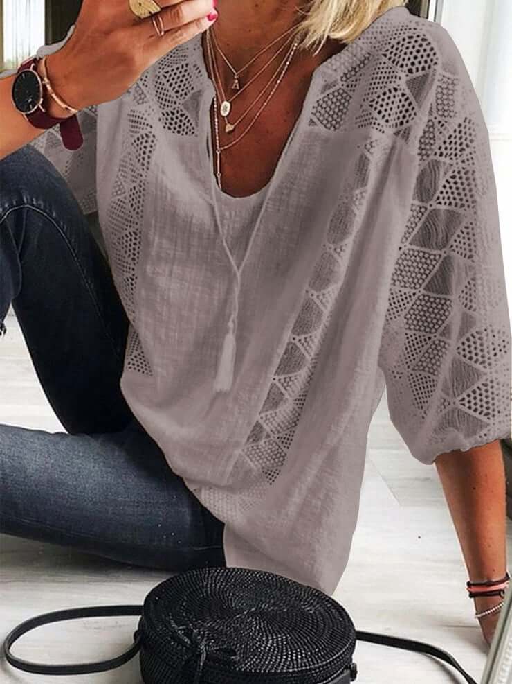 👚🌸 50% RABATT JETZT! Damen U-Ausschnitt Häkelbluse – Quasten-Kordelzug & Kurzarm – Lässig sommerlich chic 🌿✨