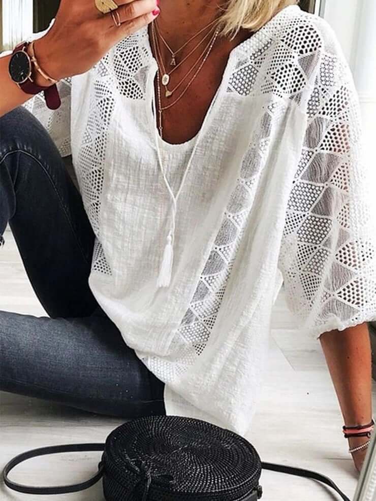 👚🌸 50% RABATT JETZT! Damen U-Ausschnitt Häkelbluse – Quasten-Kordelzug & Kurzarm – Lässig sommerlich chic 🌿✨