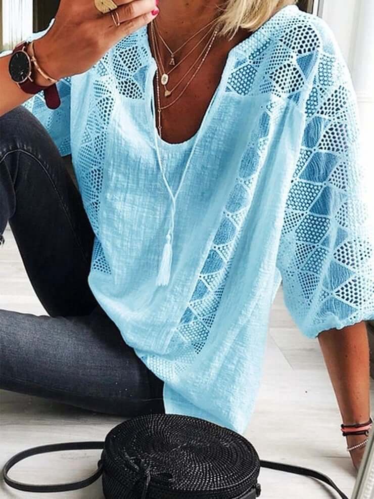 👚🌸 50% RABATT JETZT! Damen U-Ausschnitt Häkelbluse – Quasten-Kordelzug & Kurzarm – Lässig sommerlich chic 🌿✨