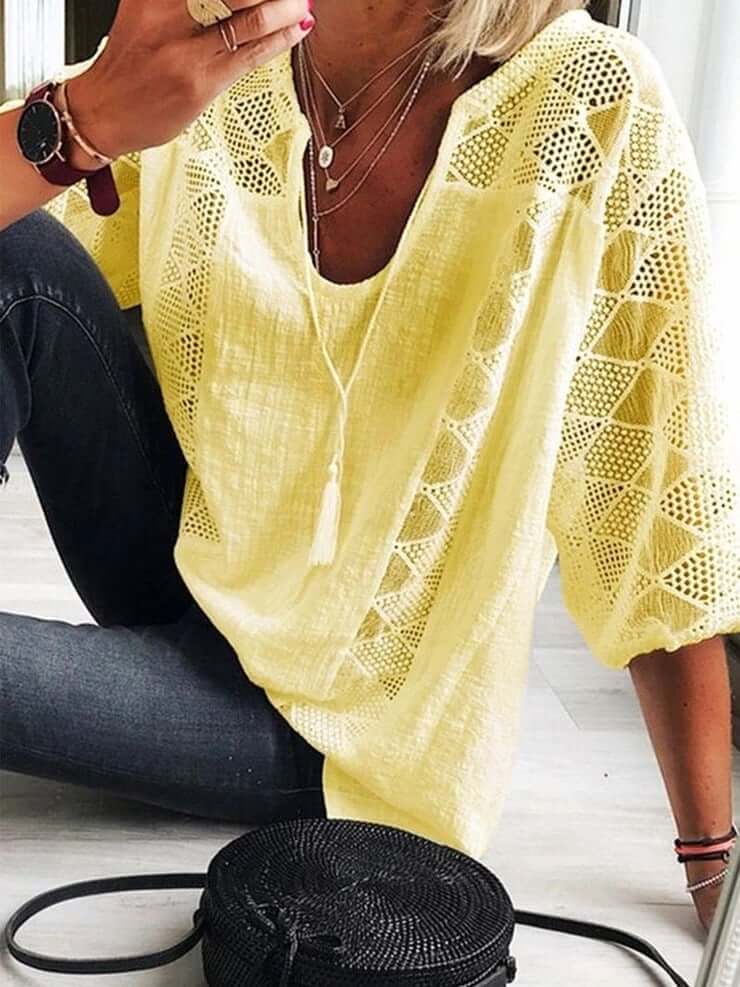 👚🌸 50% RABATT JETZT! Damen U-Ausschnitt Häkelbluse – Quasten-Kordelzug & Kurzarm – Lässig sommerlich chic 🌿✨