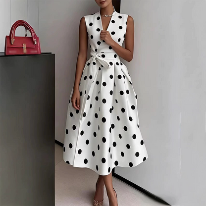 👗🌸 50% RABATT! Damen-Kleid mit Polka-Dot-Muster, V-Ausschnitt & ärmellos – Luftig, elegant & vielseitig für Alltag, Büro & besondere Anlässe ✨