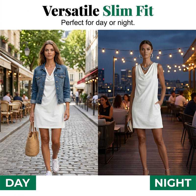 📢📢50% RABATT!! ⏰ Elegantes Slim-Fit-Kleid mit Wasserfallausschnitt – Ärmellos, Seitentaschen, Vielseitig ✨
